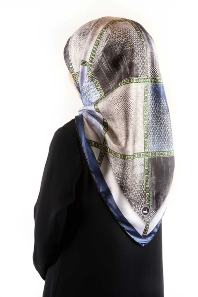 Twill Geometrik Desenli İndigo Renkli 90x90 Eşarp (İpek İçermez) Kenar Dikiş Şekli El Dikişli ürün görseli 1