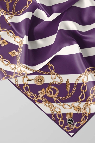 Twill Çizgili Zincir Desenli Mor Renkli 90x90 Eşarp (İpek İçermez) Kenar Dikiş Şekli El Dikişli ürün görseli 1