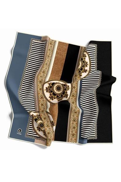 Twill Çizgili ve Barok Desenli İndigo Renkli 90x90 Eşarp (İpek İçermez) Kenar Dikiş Şekli El Dikişli ürün görseli 1