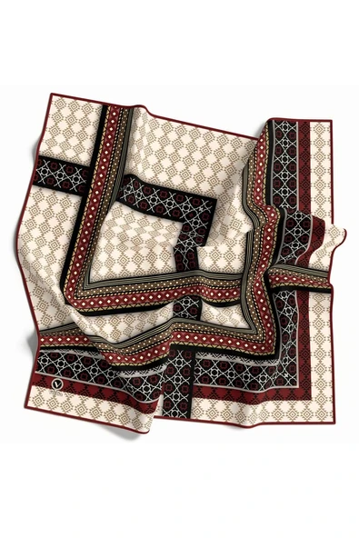 Twill Etnik Desenli Bordo Renkli 90x90 Eşarp (İpek İçermez) Kenar Dikiş Şekli El Dikişli ürün görseli 1