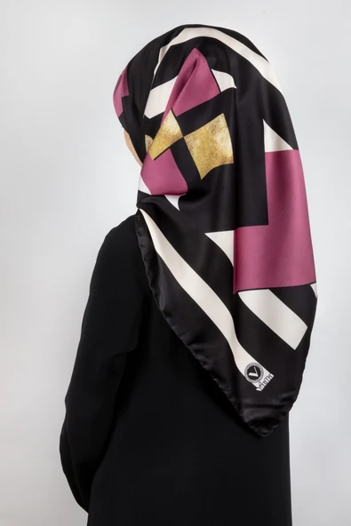 Twill Çizgili ve Gold Desenli Gül Kurusu Renkli 90x90 Eşarp (İpek İçermez) Kenar Dikiş Şekli El Dikişli ürün görseli 1