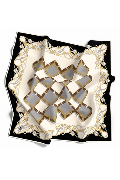 Twill Kemer Ve Zincir Desenli Gri Renkli 90x90 Eşarp (İpek İçermez) Kenar Dikiş Şekli El Dikişli ürün görseli 1