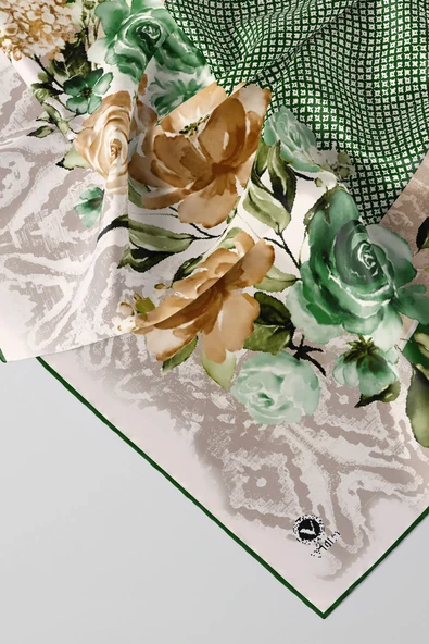 Twill Çiçek Desenli Zümrüt Yeşili Renkli 90x90 Eşarp (İpek İçermez) Kenar Dikiş Şekli El Dikişli ürün görseli 1