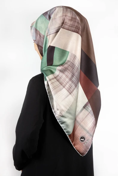 Twill Geometrik Desenli Kahverengi Renkli 90x90 Eşarp (İpek İçermez) Kenar Dikiş Şekli El Dikişli ürün görseli 1