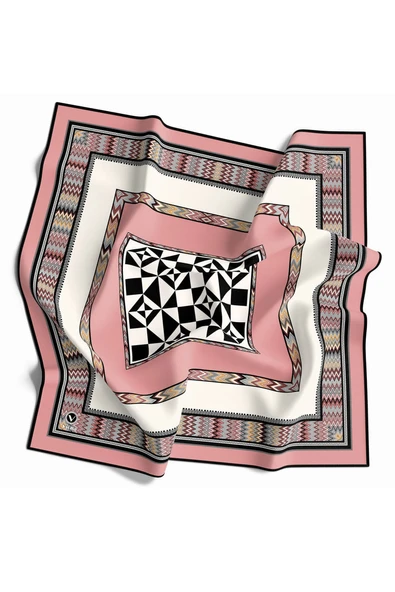 Kristal Geometrik Desenli Pudra - Krem Renkli 90x90 Dikim Şekli : El Dikişi Eşarp (İpek İçermez) ürün görseli 1