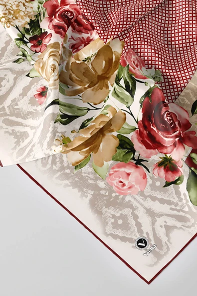 Twill Çiçek Desenli Bordo Renkli 90x90 Eşarp (İpek İçermez) Kenar Dikiş Şekli El Dikişli ürün görseli 1