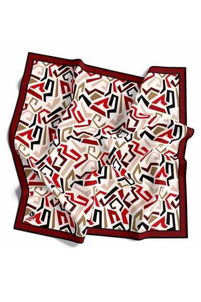Twill Geometrik Desenli Bordo Renkli 90x90 Eşarp (İpek İçermez) Kenar Dikiş Şekli El Dikişli ürün görseli 1
