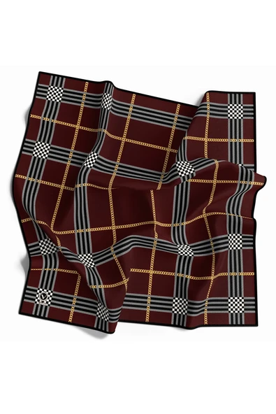 Twill Ekose Desenli Bordo Renkli 90x90 Eşarp (İpek İçermez) Kenar Dikiş Şekli El Dikişli ürün görseli 1