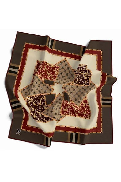 Kristal Ekoseli Gold Desenli Vizon - Bordo Renkli 90x90 Eşarp (İpek İçermez) Kenar Dikiş Şekli El Dikişli ürün görseli 1