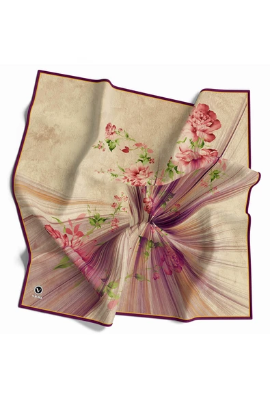Twill Çiçekli Desenli Mürdüm Renkli 90x90 Eşarp (İpek İçermez) Kenar Dikiş Şekli El Dikişli ürün görseli 1