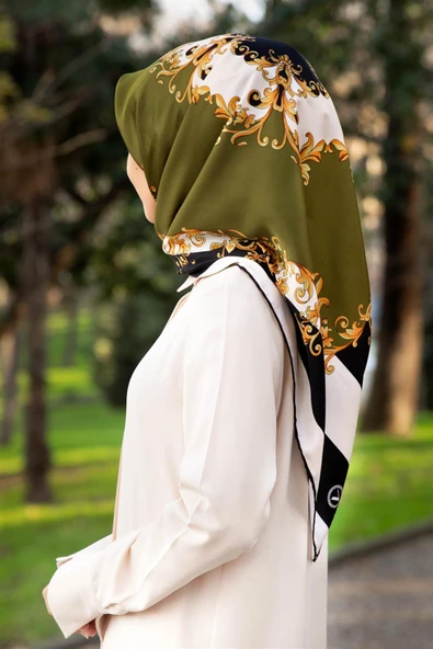 Twill Çizgili Barok Desenli Siyah - Haki Yeşili Renkli 90x90 Eşarp (İpek İçermez) ürün görseli 1