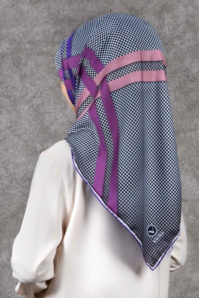 Twill Çizgili Pötikareli Çizgili Desenli Mor - Pembe Renkli 90x90 Eşarp (İpek İçermez) ürün görseli 1