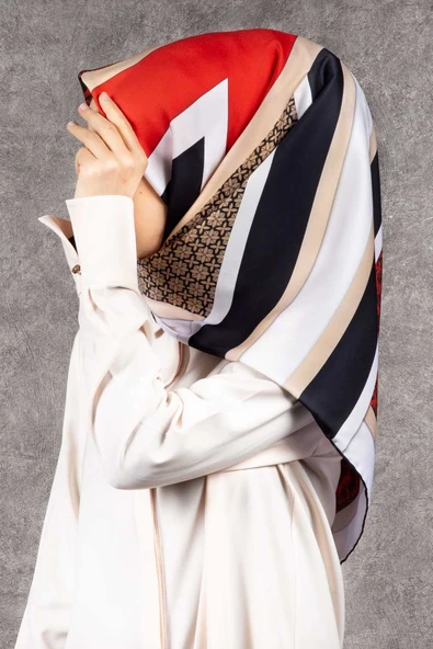 Twill Geometrik Barok Desenli Kırmızı - Siyah Renkli 90x90 Eşarp (İpek İçermez) Kenar Dikiş Şekli El Dikişli ürün görseli 1