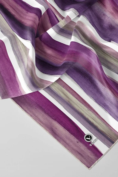 Twill Suluboya Çizgi Desenli Mürdüm - Mor Renkli 90x90 Eşarp (İpek İçermez) Kenar Dikiş Şekli El Dikişli ürün görseli 1