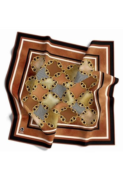 Twill Zincirli Geometrik Desenli Taba Renkli 90x90 Eşarp (İpek İçermez) Dikim Şekli : El Dikişi ürün görseli 1