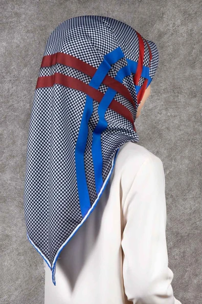 Twill Çizgili Pötikareli Çizgili Desenli Saks Mavisi - Kırmızı Renkli 90x90 Eşarp (İpek İçermez) ürün görseli 1
