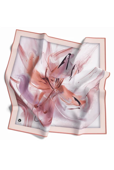 Twill Çiçek Tablo Desenli Somon Renkli 90x90 Eşarp (İpek İçermez) Kenar Dikiş Şekli El Dikişli ürün görseli 1