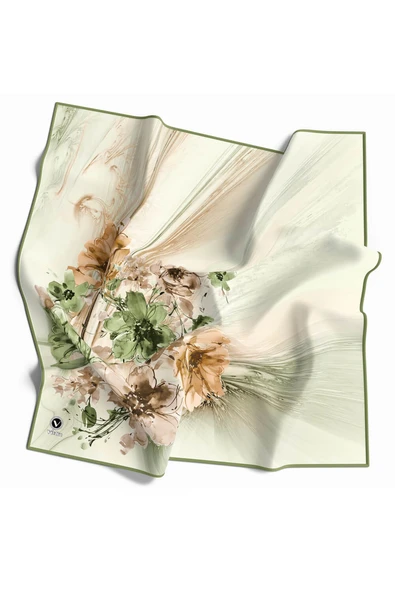 Twill Çiçek Desenli Haki Renkli 90x90 Eşarp (İpek İçermez) Kenar Dikiş Şekli El Dikişli ürün görseli 1