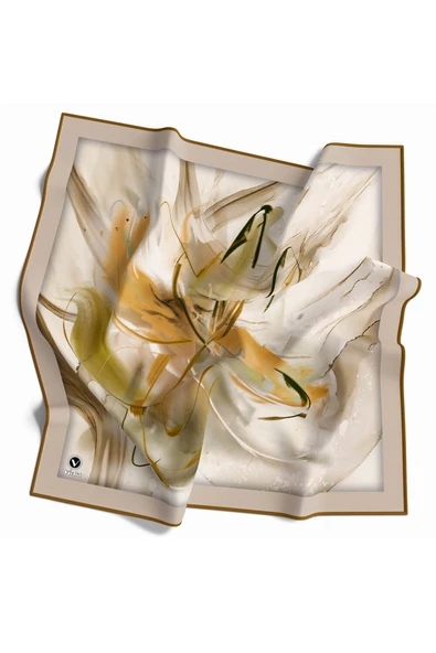 Twill Çiçek Tablo Desenli Hardal Renkli 90x90 Eşarp (İpek İçermez) Kenar Dikiş Şekli El Dikişli ürün görseli 1