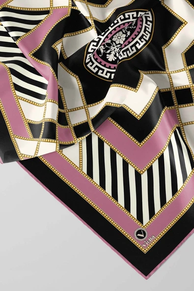Twill Gold Detaylı Çizgili Desenli Pembe Renkli 90x90 Eşarp (İpek İçermez) Kenar Dikiş Şekli El Dikişli ürün görseli 1