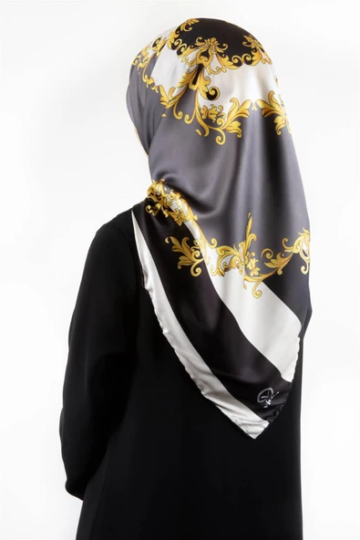 Twill Çizgili Barok Desenli Gri Renkli 90x90 Eşarp (İpek İçermez) Kenar Dikiş Şekli El Dikişli ürün görseli 1