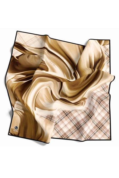 Twill Dalga ve Ekose Desenli Hardal Renkli 90x90 Eşarp (İpek İçermez)Kenar Dikiş Şekli El Dikişli ürün görseli 1