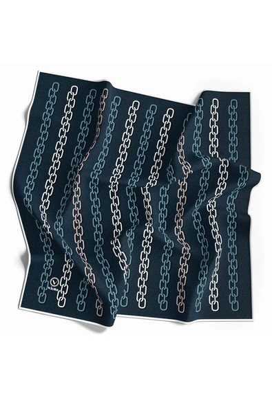 Twill Zincir Desenli Petrol Mavisi Renkli 90x90 Eşarp (İpek İçermez) Kenar Dikiş Şekli El Dikişli ürün görseli 1