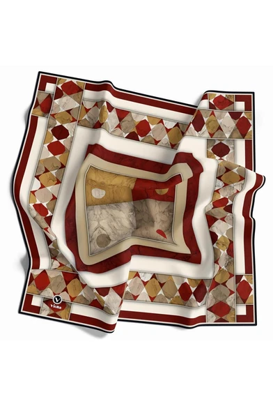 Twill Geometrik Mermer Desenli Bordo Renkli 90x90 Eşarp (İpek İçermez) Kenar Dikiş Şekli El Dikişli ürün görseli 1