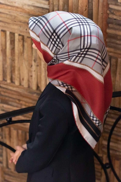%100 Twill İpek Ekose Desenli Bordo Renkli 90x90 Eşarp Dikim Şekli : El Dikişi ürün görseli 1