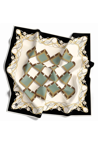 Twill Kemer Ve Zincir Desenli Koyu Mint Yeşiili Renkli 90x90 Eşarp (İpek İçermez) Kenar Dikiş Şekli El Dikişli ürün görseli 1