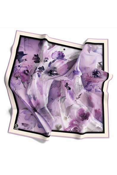 Rayon Sulu Boyalı Çiçek Desenli Lila Renkli 90x90 Eşarp (İpek İçermez) Kenar Dikiş Şekli El Dikişli ürün görseli 1