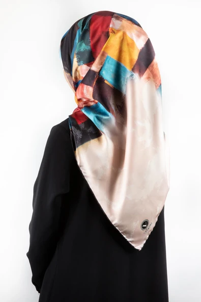 Twill Yağlı Boya Desenli Petrol Mavisi Renkli 90x90 Eşarp (İpek İçermez) Kenar Dikiş Şekli El Dikişli ürün görseli 1