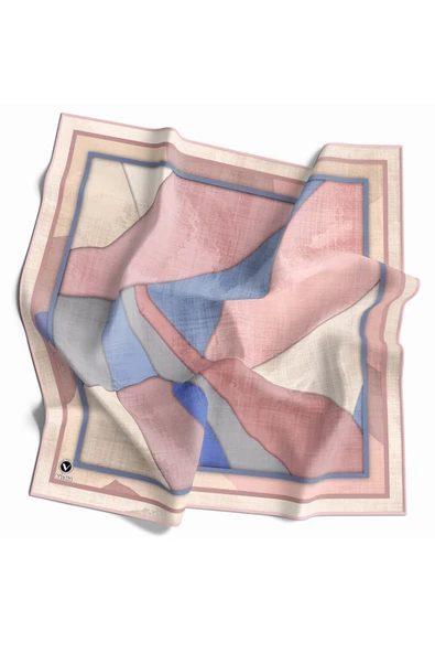 Twill Geometrik Desenli Pudra Renkli 90x90 Eşarp (İpek İçermez) Kenar Dikiş Şekli El Dikişli ürün görseli 1