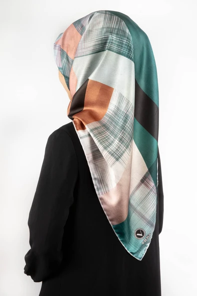 Twill Geometrik Desenli Petrol Mavisi Renkli 90x90 Eşarp (İpek İçermez) Kenar Dikiş Şekli El Dikişli ürün görseli 1