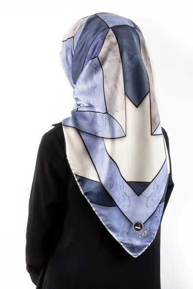 Twill Mermer Desenli İndigo - Lacivert Renkli 90x90 Eşarp (İpek İçermez) Kenar Dikiş Şekli El Dikişli ürün görseli 1
