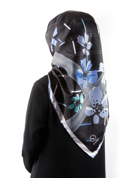 Twill Papatya Desenli Saks Renkli 90x90 Eşarp (İpek İçermez) Kenar Dikiş Şekli El Dikişli ürün görseli 1