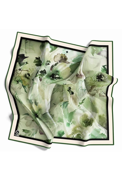 Rayon Sulu Boyalı Çiçek Desenli Zümrüt Yeşili Renkli 90x90 Eşarp (İpek İçermez) Kenar Dikiş Şekli El Dikişli ürün görseli 1