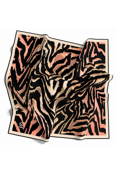 Kristal Zebra Desenli Somon - Siyah Renkli 90x90 Eşarp (İpek İçermez) Kenar Dikiş Şekli El Dikişli ürün görseli 1