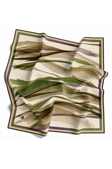 Twill Fırça Desenli Haki Yeşili - Bej Renkli 90x90 Eşarp (İpek İçermez) Kenar Dikiş Şekli El Dikişli ürün görseli 1