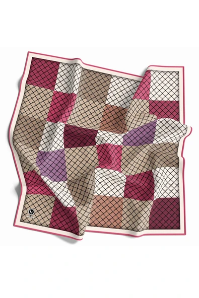 Twill Kare Desenli Pembe Renkli 90x90 Eşarp (İpek İçermez) Kenar Dikiş Şekli El Dikişli ürün görseli 1