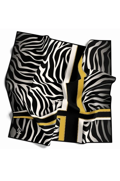 Twill Zebra Desenli Siyah - Sarı Renkli 90x90 Eşarp (İpek İçermez) Dikim Şekli : El Dikişi ürün görseli 1