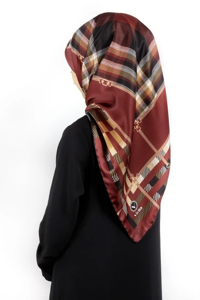 Twill Kemerli ve Ekose Desenli Bordo Renkli 90x90 Eşarp (İpek İçermez)Kenar Dikiş Şekli El Dikişli ürün görseli 1