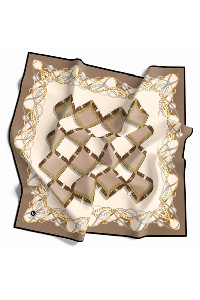 Twill Kemer Ve Zincir Desenli Bej Renkli 90x90 Eşarp (İpek İçermez) Kenar Dikiş Şekli El Dikişli ürün görseli 1