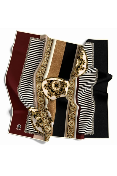 Twill Çizgili ve Barok Desenli Bordo Renkli 90x90 Eşarp (İpek İçermez) Kenar Dikiş Şekli El Dikişli ürün görseli 1