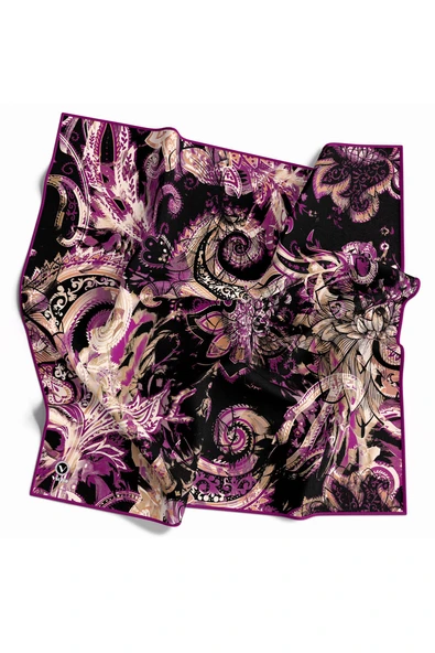Twill Şal Desenli Mürdüm Renkli 90x90 Eşarp (İpek İçermez) Kenar Dikiş Şekli El Dikişli ürün görseli 1