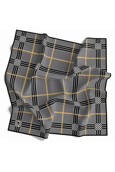 Twill Ekose Desenli Gümüş Renkli 90x90 Eşarp (İpek İçermez) Kenar Dikiş Şekli El Dikişli ürün görseli 1