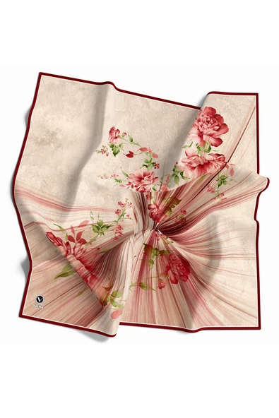 Twill Çiçekli Desenli Bordo Renkli 90x90 Eşarp (İpek İçermez) Kenar Dikiş Şekli El Dikişli ürün görseli 1