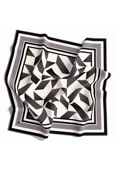 Twill Geometrik Desenli Gri Renkli 90x90 Eşarp (İpek İçermez) Kenar Dikiş Şekli El Dikişli ürün görseli 1
