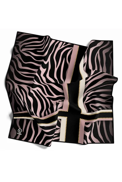 Twill Zebra Desenli Siyah - Pudra Renkli 90x90 Eşarp (İpek İçermez) Dikim Şekli : El Dikişi ürün görseli 1