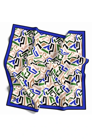 Twill Geometrik Desenli Saks Renkli 90x90 Eşarp (İpek İçermez) Kenar Dikiş Şekli El Dikişli ürün görseli 1